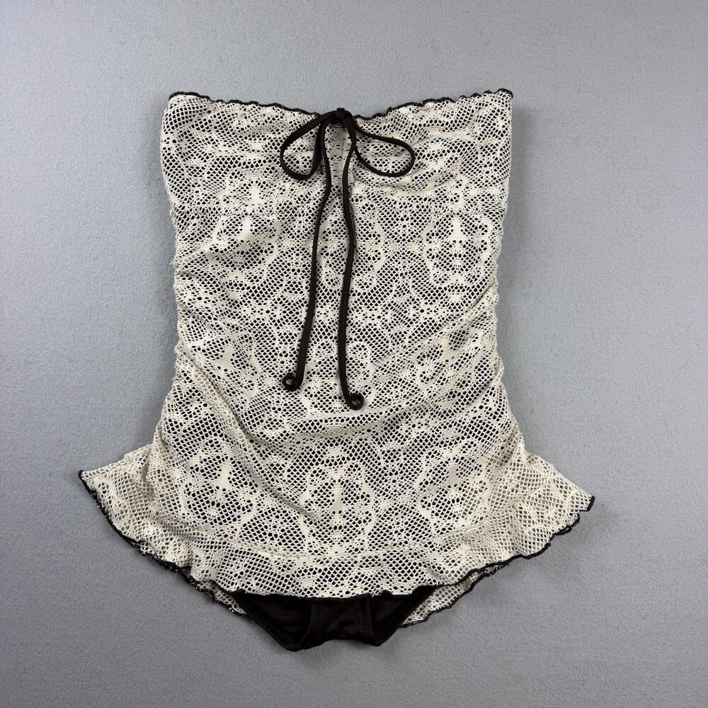Vintage Y2K Coquette Lace Crochet One Piece Swimsuit Mossimo Women M Brown Cream